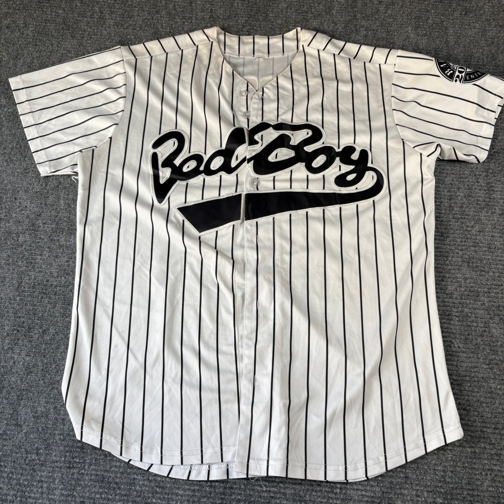 Bad Boy Records Biggie Smalls Pinstripe Baseball Jersey White Black Mens Large